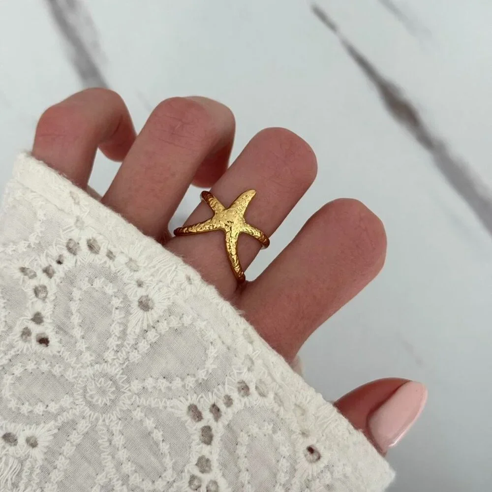 SKU:0080 gold‎ ring gold starfish made of high-quality materials stainless steel